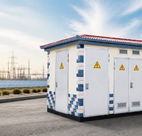 Compact prefabricated substation installed beside a solar and utility power site