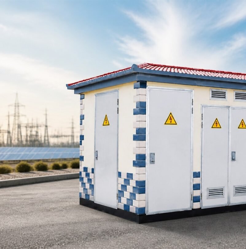 Compact prefabricated substation installed beside a solar and utility power site