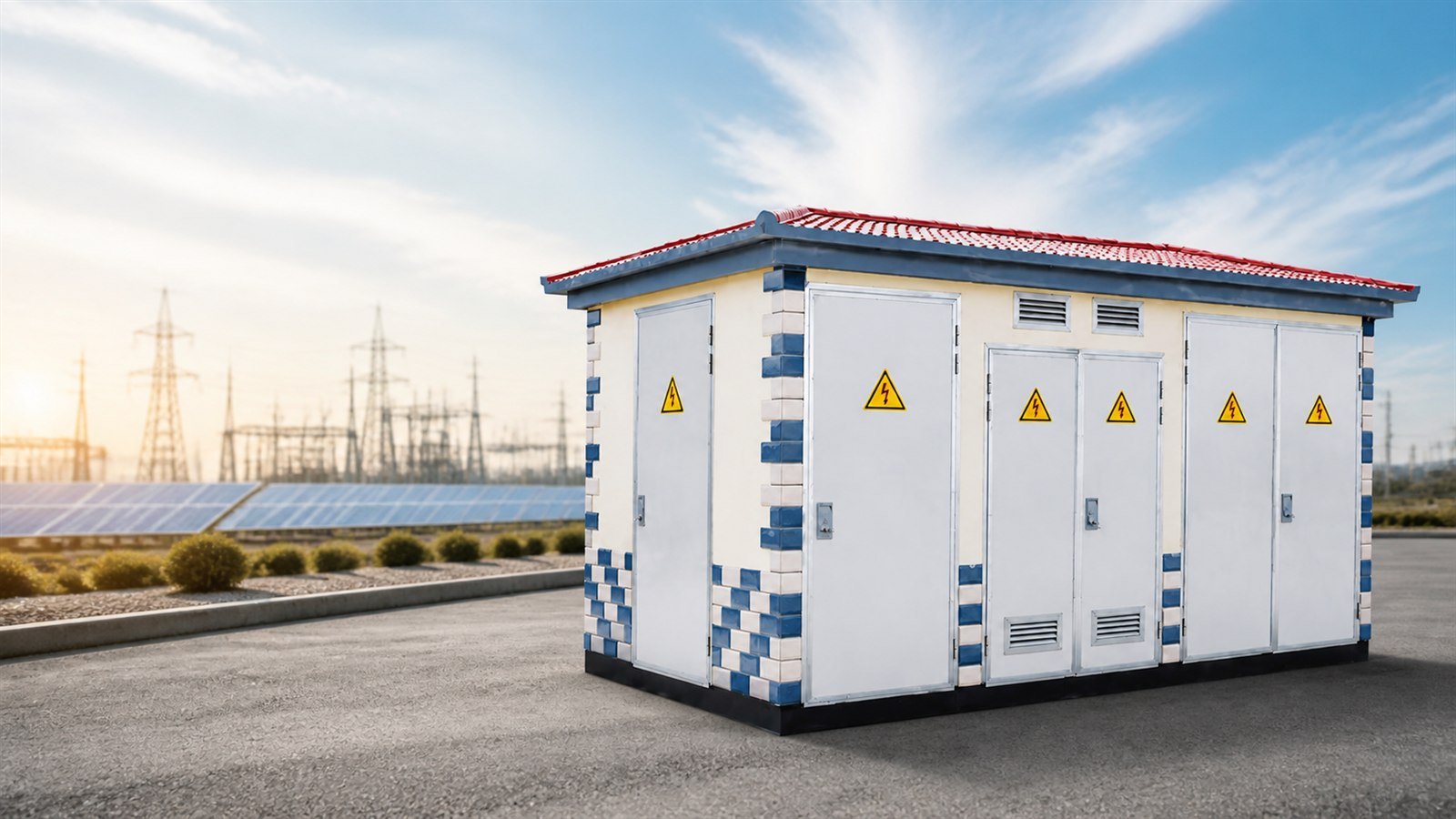 Compact prefabricated substation installed beside a solar and utility power site