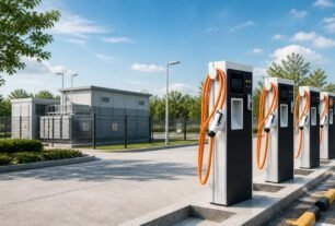 EV charging station with dedicated transformer and power distribution infrastructure