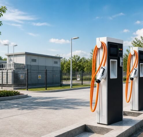 EV charging station with dedicated transformer and power distribution infrastructure