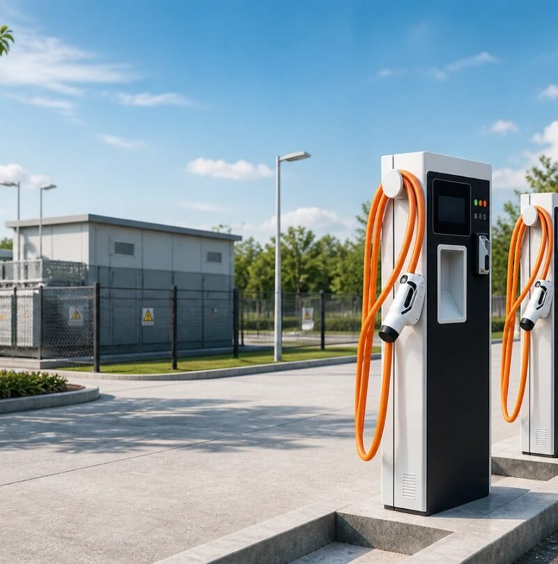 EV charging station with dedicated transformer and power distribution infrastructure