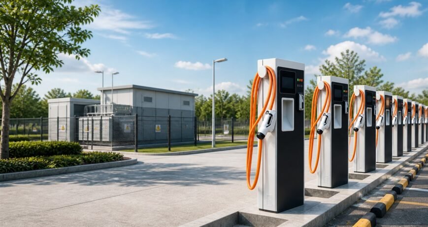 EV charging station with dedicated transformer and power distribution infrastructure