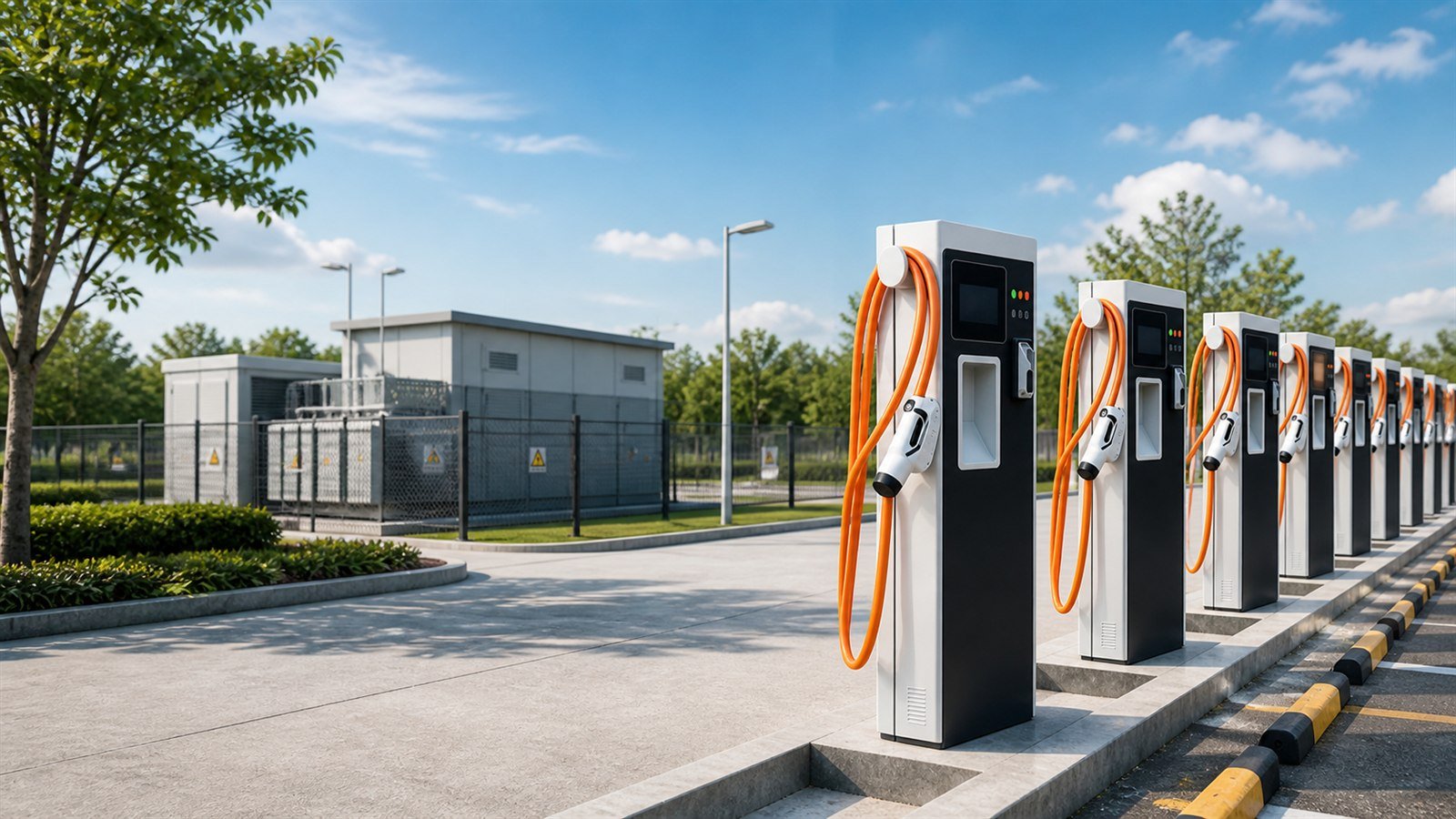 EV charging station with dedicated transformer and power distribution infrastructure