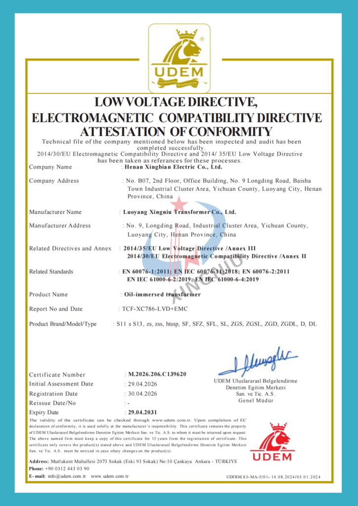 LVD and EMC conformity certificate for XNET oil-immersed transformers