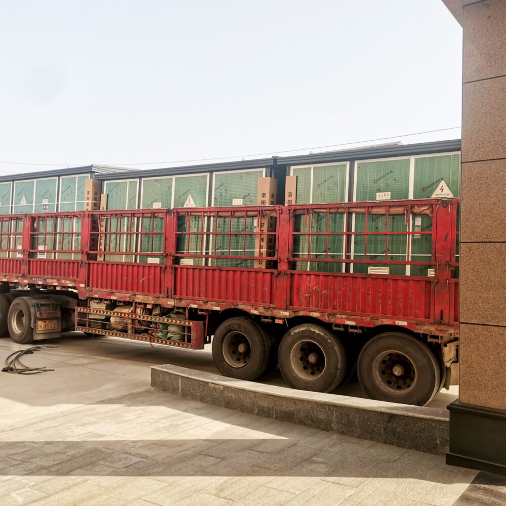 Transformers secured on a truck for customer delivery