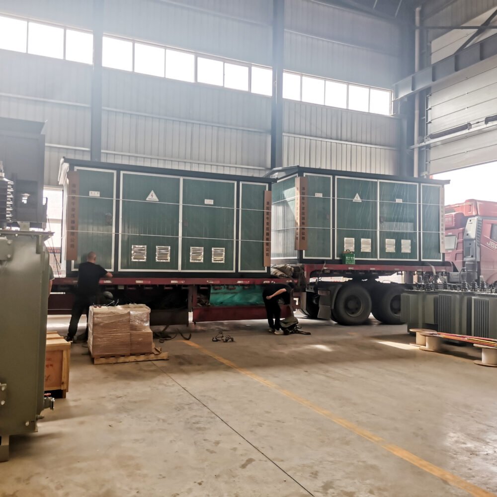 Transformer products being loaded onto a truck inside the factory