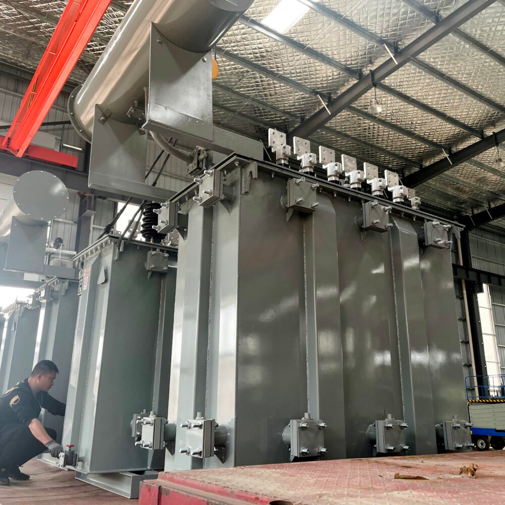 Large power transformer being prepared for shipment in the workshop
