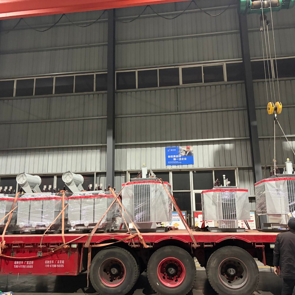 Transformer units loaded and secured for customer delivery