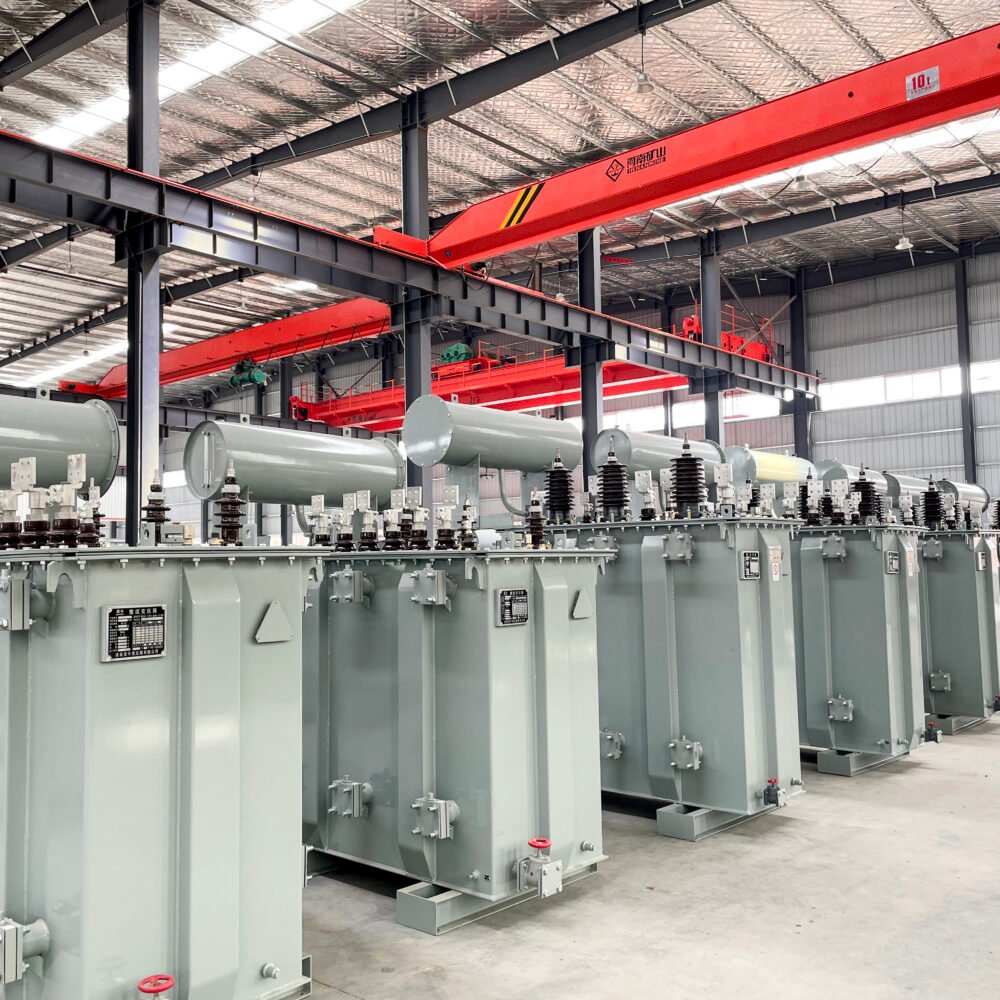Distribution transformers prepared on the factory floor for shipment