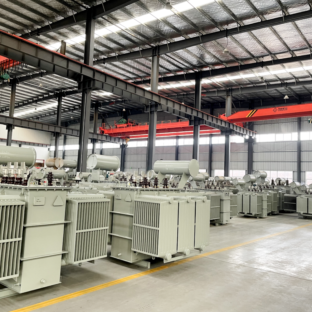 Rows of oil-immersed transformers inside the XNET production workshop