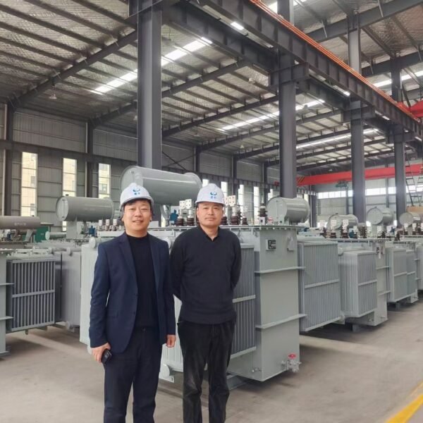 Customer visit beside oil-immersed transformers in the XNET factory workshop